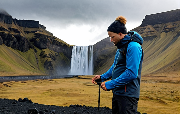 **Image Prompt 1: The Layered Strategist in Iceland**
A person actively adjusting multiple layers of outdoor clothing (thermals, fleece, waterproof jacket) in a dynamic Icelandic landscape, demonstrating adaptability to rapidly changing weather. Sunlight peeks through fast-moving clouds, with a backdrop of a majestic waterfall or rugged mountains. Emphasize comfort, readiness, and the 'more is better' principle.
