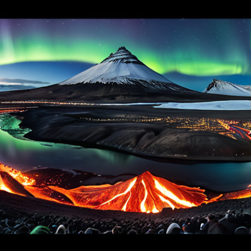 Home 19 **Prompt:** A panoramic view of Iceland's dramatic landscape, showcasing both active volcanoes with flowing lava and vast glaciers. In the foreground, a diverse group of people from around the world are participating in a cultural exchange event, celebrating Icelandic art, music, and traditions under the Northern Lights.