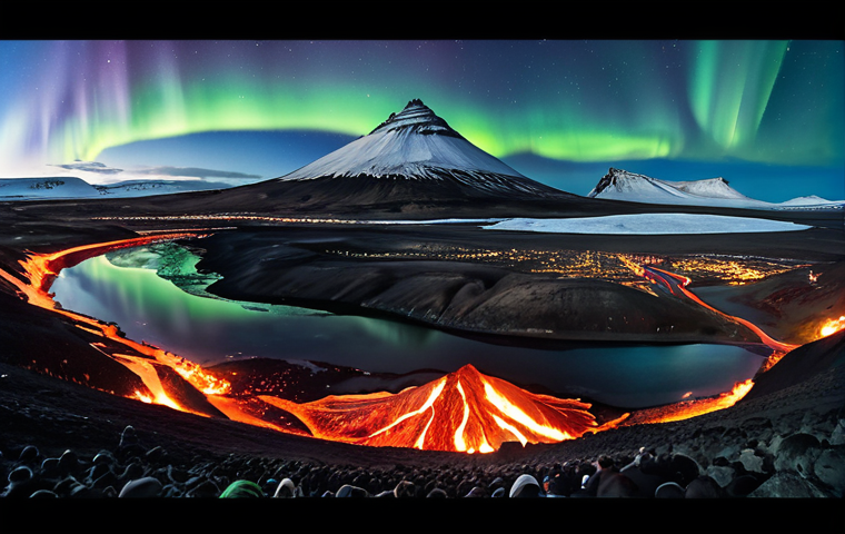 **Prompt:** A panoramic view of Iceland's dramatic landscape, showcasing both active volcanoes with flowing lava and vast glaciers. In the foreground, a diverse group of people from around the world are participating in a cultural exchange event, celebrating Icelandic art, music, and traditions under the Northern Lights.